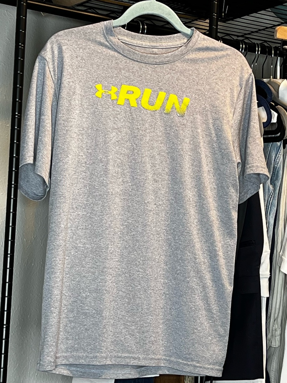 Under Armour Gray Short-Sleeve RUN Graphic Tee with Neon Yellow Logo